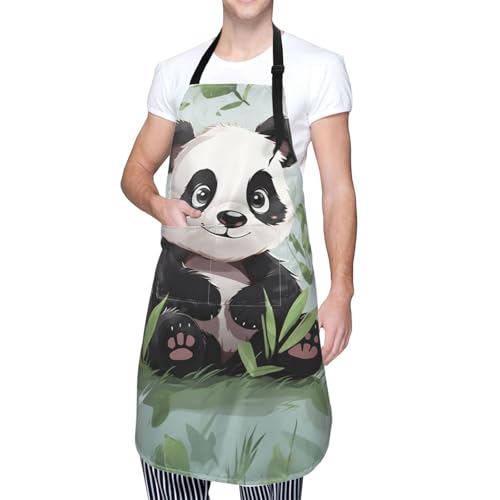 DWVTFSM Tablier de cuisine réglable pour homme et femme, motif panda, tissu Oxford imperméable, tablier de chef avec 2 poches, tablier de cuisine, de jardinage, tablier de salon