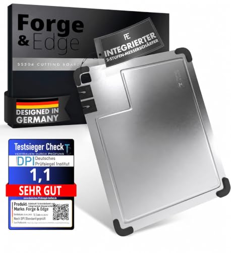 FORGE & EDGE Schneidebrett Edelstahl - Premium cutting board mit integriertem Messerschärfer Saftrille & rutschfesten Silikonecken - hygienisches Schneidebrett - 38x28cm