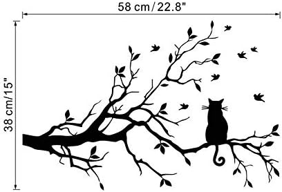 CUGBO Cat On Long Tree Branch Wall Decal Cat Window Art Sticker Removable DIY Vinyl Rooms Home Decor,Black