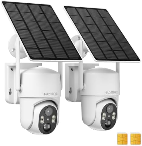 4G LTE Cellular Security Camera Outdoor, No WiFi Security Camera Solar Powered, 360° View Outdoor Security Camera Wireless, 2K Color Night Vision, Smart Motion Sensor, Built in SIM Card, 2 Pack
