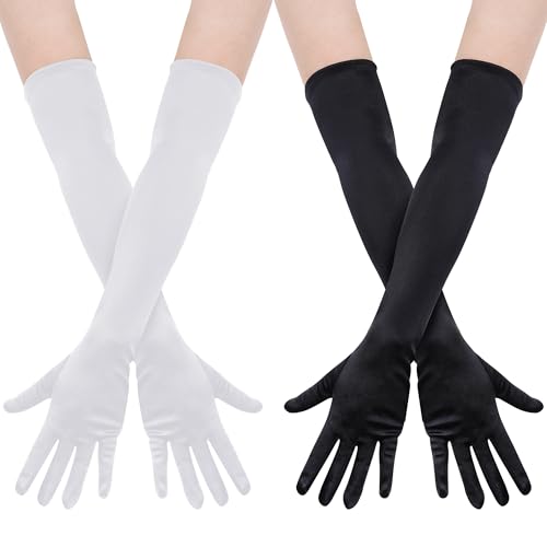 Lystaii 2 Pairs Long Spandex Gloves Classic Elbow Length Stretchy Opera Costumes Gloves for Bridal Evening Dress 20s Party (Black and White, 20 Inch)