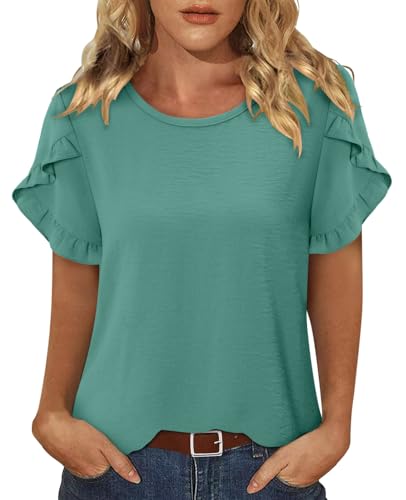 CRAZY GRID Women's Shirts Summer Casual Crewneck Ruffle Short Sleeve Blouses Cute Floral Print Tunic Tops