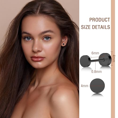 ZDE Women Earrings Flat Back Dot Earrings Titanium Hypoallergenic Cartilage Non-Nickel Earrings Studs for Sensitive Ears Simple Classic Screw On Stud Earring (Black, 4MM) by ZDE - Image 2