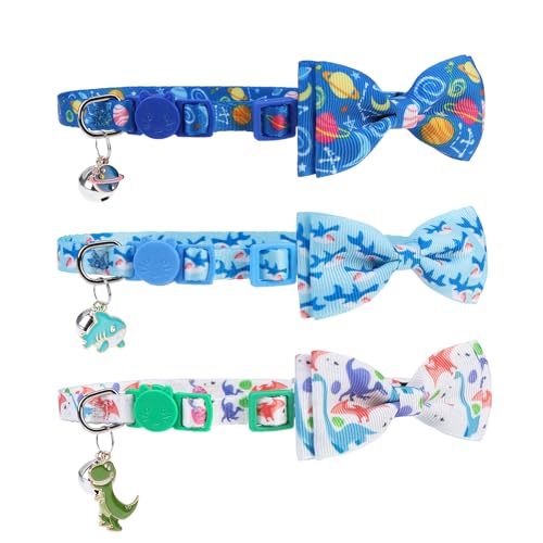 PUPTECK Blue Bow Tie Cat Collar with Bell - Breakaway Safety 3-Pack, Adjustable Bowtie Kitten Collars for Boy & Girl Cats, Puppies, Bunnies and Small Pets, Cute Costume Accessory