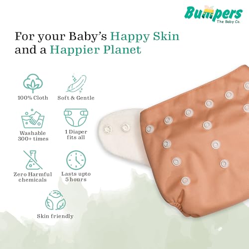 Image of Bumpers Baby Reusable Cloth Diaper with Insert Pad | Leak-Proof, Super Absorbent & Ultra Soft | Adjustable & Washable Cloth Diaper | Prevent Rashes | Freesize 5-17Kg | (3M-3Y), Pack of 5, Orange