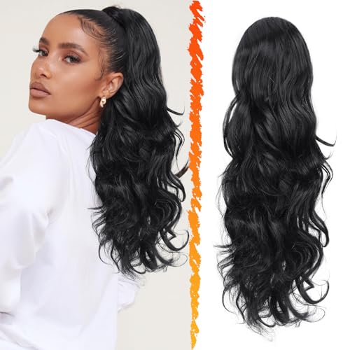 BARSDAR Black Ponytail Extension - Drawstring Ponytail Hair Extensions for Women 20 Inch Curly Wavy Ponytails - Synthetic Clip in Pony Tails Hairpieces Fake Pony Tails - Natural Black