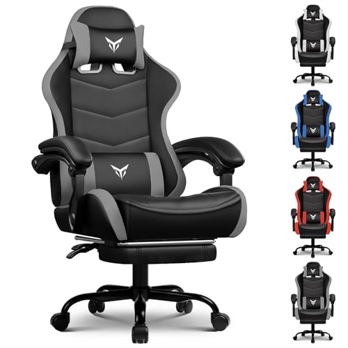GTPLAYER Gaming Chair with Footrest, Video Game Chairs Racing Style PC Game Chairs 350lbs for Adults - Padded High Back Ergonomic Reclining Silla Gamer, Linkage Armrest, Grey