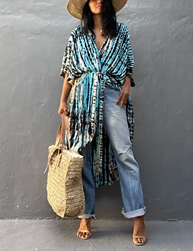 Image of Bsubseach Stylish Tie Dye Open Front Long Kimono Swimsuit Coverup for Women | Loose Fit Boho Style Bathing Suits Cardigans,Summer Causal Resort Wear