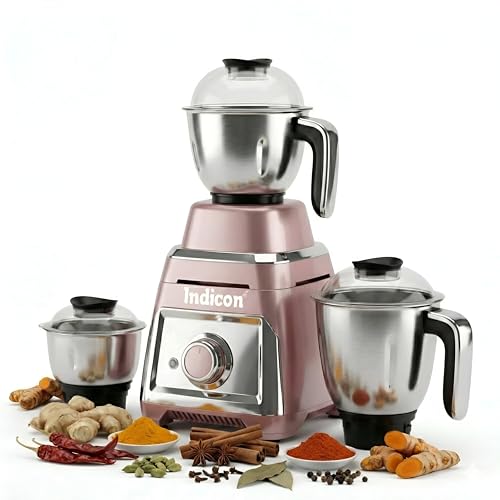 Image of indicon Thar 1HP (1000 Watts) Mixer Grinder, 3 Jars, Black | Heavy Duty Copper Motor for Grinding, Blending & Mixing | Stainless Steel Blades, Multi-Speed, Durable Kitchen Power Tool (Rose Gold)
