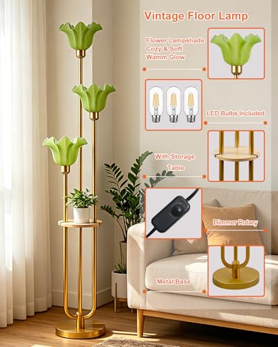Image of Green Flower Floor Lamp for Living Room, Mid Century Modern Floor Lamp Dimmable with Shelf & LED Bulbs, 3 Light Warmwhite Gold Tall Standing Lamp for Bedroom Girls Room Home Decor