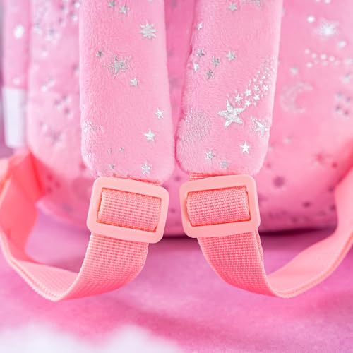 Image of Gloveleya Kids Backpack Toddler Girl Gift Plush Curly Hair Doll Backpack with Glittery Pink Dress and Star Accents 9''