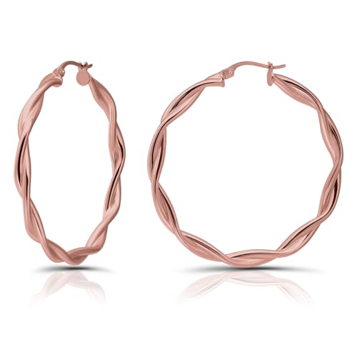 Hoops & Loops 925 Sterling Silver Twisted Hoop Earrings for Women, Silver/Gold/Rose Gold 3mm Twist Hypoallergenic Hoop Earrings 15/20/25/30/35/40mm