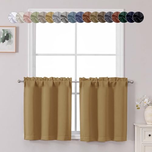 Chyhomenyc Gold Short Blackout Curtains 24 Inch Length, Small Kitchen Curtain Tier Rod Pocket Half Window Curtains for Bathroom Basement Cabinet Camper RV Bunk, 2 PCS, Each 30" Wx24 L