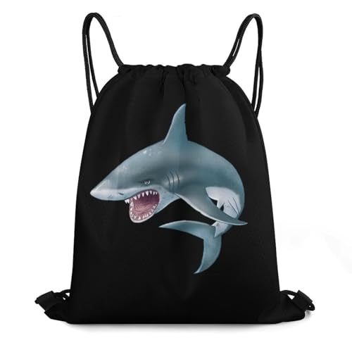 Blue Shark Drawstring Backpack Durable Sport Gym Bags Daypack for Men Women 35 * 42cm