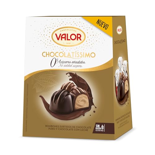 Valor - Chocolatíssimo Selección Oro, 0% Azúcares añadidos. Surtido de Bombones de Chocolate Puro y Chocolate con Leche, Sin Azúcar. Formato Estuche - 200 Gramos
