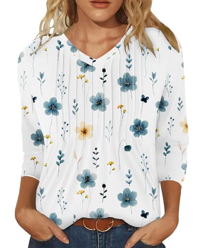 IEEILULU 3/4 Length Sleeve Womens Tops V Neck T Shirts Casual Pleated Tunic for Women Fashion Loose Blouses White L