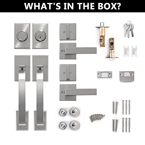 Neutype Front Door Handle Set Double Door Handle Set With Dummy Heavy Duty Double Door Lock Set, With Single Cylinder Deadbolt And Lever Handle, Compatible With Right & Left Handed Doors, Satin Nickel #TOP3