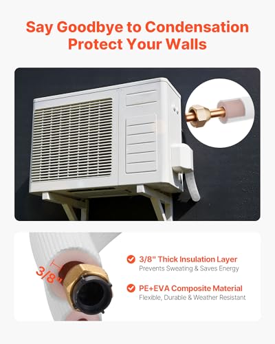 Image of VEVOR Mini Split Line Set, 25ft 3 /8 inch & 5 /8 inch OD AC Copper Tubing Pipe, 3 /8 White PE Thickened Insulated Coil with Flared Nuts, Rich Fittings, for Mini Split Air Conditioner HVAC or Heat Pump System