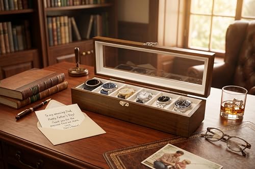 Image of Exper Watch Box, Rustic Brown, 6-Slots, Men Women, Wooden | Large Glass Lid, Display Storage, Watch Case, Organizer