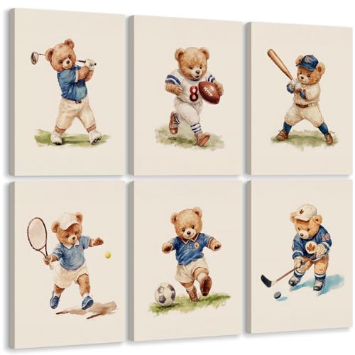 Image of Nursery Bear Sports Wall Art Vintage Boy Room Canvas Wall Decor Baby Teddy Bear Pictures Boy Nursery Art Prints Kids Animal Poster Artwork for Toddler Bedroom Playroom 8x10 Inch Ready to Hang 6Pcs