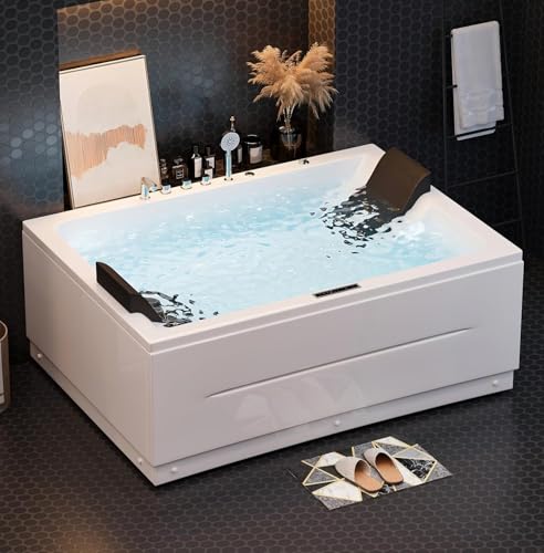 Homary 71 Inch Whirlpool Bathtub, 2 Person Acrylic Rectangular Jetted Tub with 38 Jets & Thermostatic Heater, Color Lights, Faucet and Drain Included, Back to Wall White