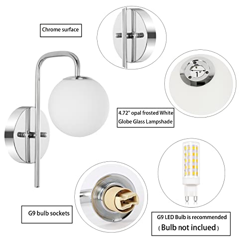 Byoliima Mid Century Modern Globe Wall Lamp 2 Pack Chrome Wall Sconce 1-Light Bathroom Vanity Lighting With White Globe Glass Lampshade For Mirror Bedroom Living Room Restaurant #TOP4
