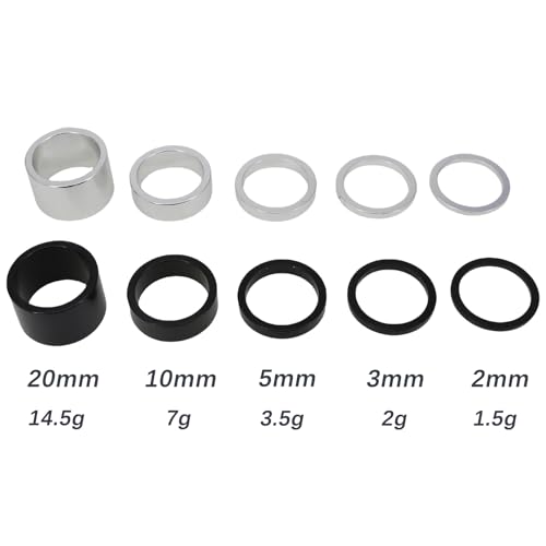 DJC Components 5 Pieces Bike Headset Alu Spacer Bicycle 25.4mm 1 Inch 1 20 10 5 3 2 mm, 5 Size, Bike Stem Adjusting Dust Cover Washer (Silver) - Thumbnail 2