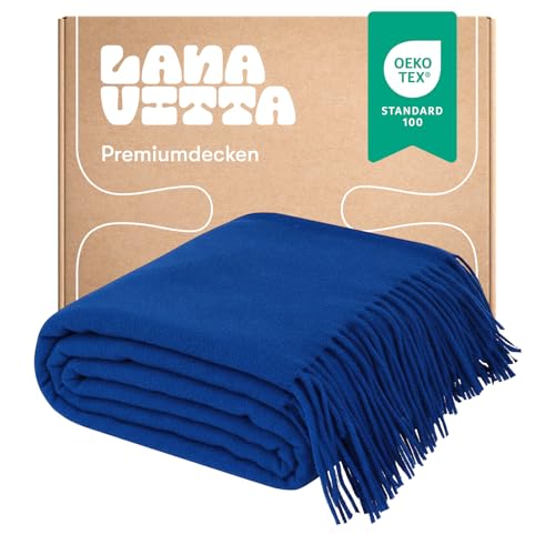 Lanavitta – Wolldecke „Grand“ – Tagesdecke und Bettüberwurf – Couchüberwurf, Sofadecke, Couchdecke, Sesseldecke – 100prozent südamerikanische Wolle, Warmer Sofa-Plaid – Blau – 140x200 cm