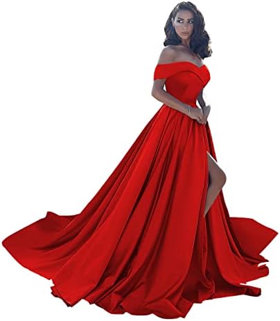 Off Shoulder Satin Prom Dresses for Women A Line Ball Gown Wedding Dress Plus Size Formal Evening Gown with Slit Red Size US12