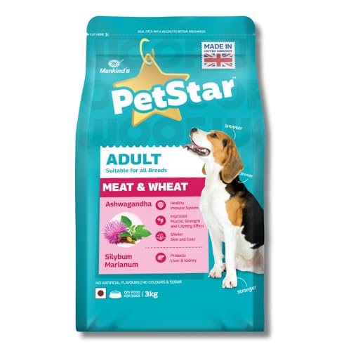 Image of Mankind PetStar Adult Dry Dog Food, 22% High Protein, Meat & Wheat Flavor, 3 kg | Complete & Balanced Nutrition for Adult Dogs
