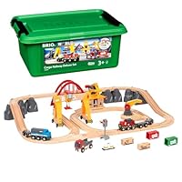BRIO World Cargo Railway Deluxe - Wooden Track Train Set - Battery-Powered Engine, 3 Cranes, Bridge, Truck - Kids Ages 3+ - Compatible with All Wooden Rail Sets - FSC Certified Wood - 54-Pieces