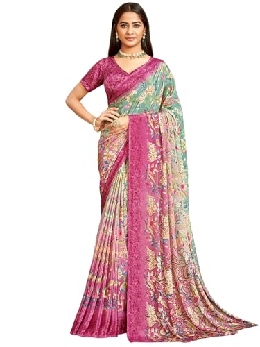 Image of Satrani Women's Silk Crepe Floral Printed Saree with Unstitched Blouse Piece