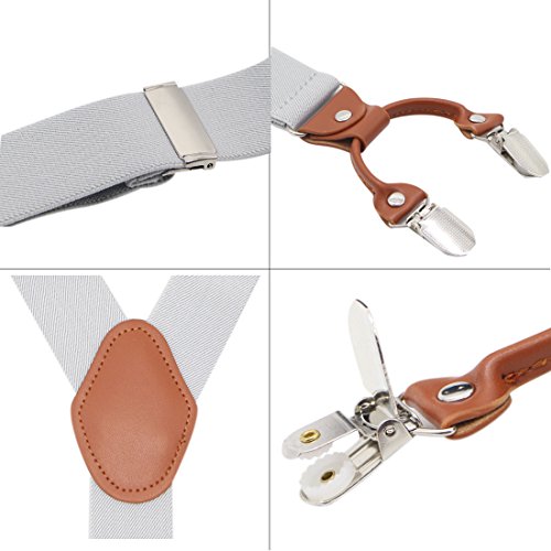 Bioterti Men’s Y-Shaped Heavy Duty Suspenders – 6 Metal Clips, Elastic Straps (Light Grey)