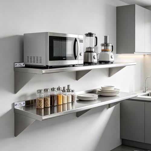 Image of Hally Stainless Steel Shelf Wall Mounted Metal Shelf Wall Shelf 12 x 60 NSF Heavy Duty 315 lb Capacity, Commercial Wall Mounted Storage Rack for Kitchen, Garage, Laundry Room 2 Pack