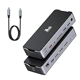 100W PD und Audio/Mikrofon 3,5mm Buchse: Dieser Dual Monitor Dock USB C Hub unterstützt bis zu 100W Eingang und 87W Ausgang und lädt Ihren Laptop sicher auf, während Sie mehrere Peripheriegeräte anschließen. Die USB C docking station verfügt außerdem über einen 3,5mm Audio/Mikrofon 2 in 1 Anschluss, über den Sie kabelgebundene Kopfhörer anschließen können. SD/Micro SD Kartenleseranschluss mit Geschwindigkeiten von bis zu 104 Mbit/s