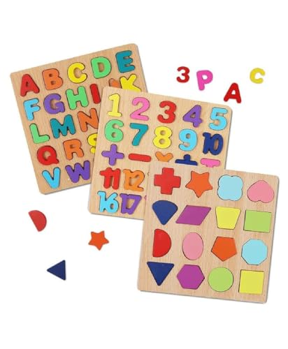 Image of Wooden Learning Educational ABCD Board for Kids, 3 Pack Montessori Puzzles Activity Toys for Toddlers & Kids | ABCD Puzzle Set | Puzzle Toys for 2 Years Old Boys & Girls (ABCD, Numbers & Shapes)