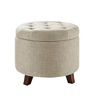 Amazon Basics Tabouret de rangement rond, rembourré et touffeté, ottoman ronde, entrée, couloir, salon, lin, b