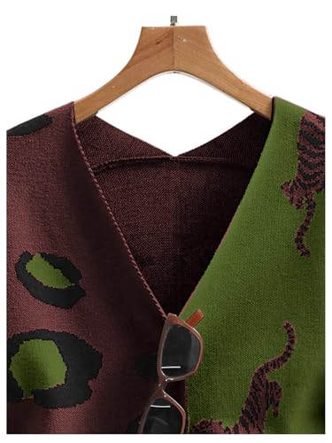 Image of WDIRARA Women's Leopard Tiger Print Cardigan V Neck Long Sleeve Color Block Button Down Sweater Outwear