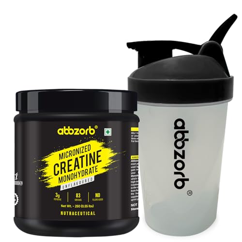 Image of ABBZORB Micronized Creatine Monohydrate - 250 Gram, 83 Serves, Unflavored, 3g of 100% Creatine Monohydrate Per Serve | Pre workout Supplement, Power & Strength, With Shaker