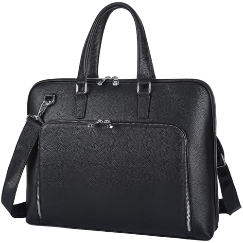 Masa Kawa Black Leather Slim Briefcase for Men Women Fits 15.6-16 Inch Laptop Professional Business Messenger Crossbody Shouder Bag Lawyer Ladies Office Work Brief Attche Case, Large