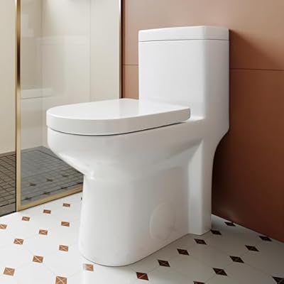 Compact One Piece Toilet Matte Black, Space-Saving Powerful Dual Flush Round Small Toilet for Bathrooms, Average 1.28 GPF, Skirted Design Upgraded UF Quiet & Soft Close Seat (12" Rough-in Toilet)