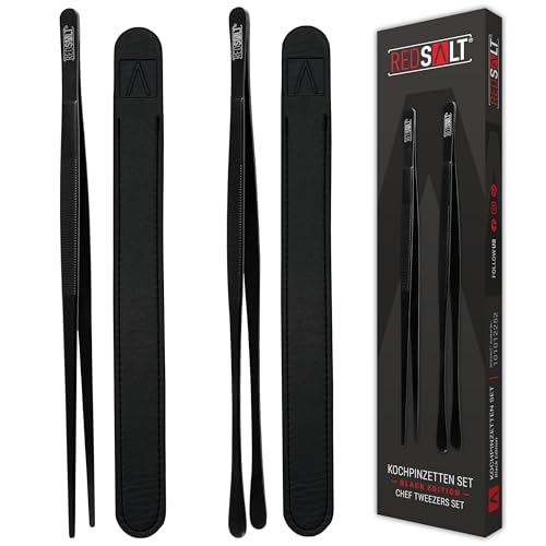 REDSALT® Black Edition Set di pinzette da cucina, nero, 30 cm, in acciaio inox 18/10, antiruggine, lavabile in lavastoviglie, rivestimento PVD, pinzette professionali da cucina