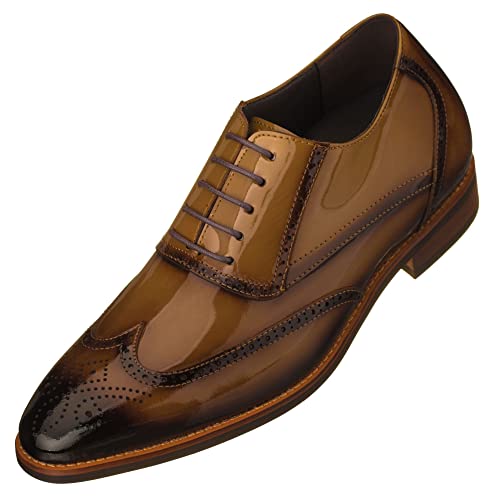 Image of CALTO Men's Invisible Height Increasing Elevator Shoes - Dark Brown Patent Leather Lace-up Wing-tip Formal Oxfords - 3 Inches Taller - S1017 - Size 6 D(M) US