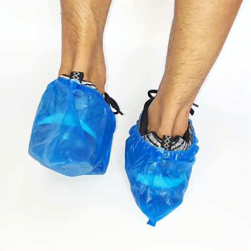 AURMOO 100x Schuhüberzieher Einweg, Galoschen, Überzieher für Schuhe, Überschuhe Einweg, Überziehschuhe Einweg für Haushalt, Klinik, Überzieh Einweg, Wasserdicht, Staubdicht, CPE Material, Blau