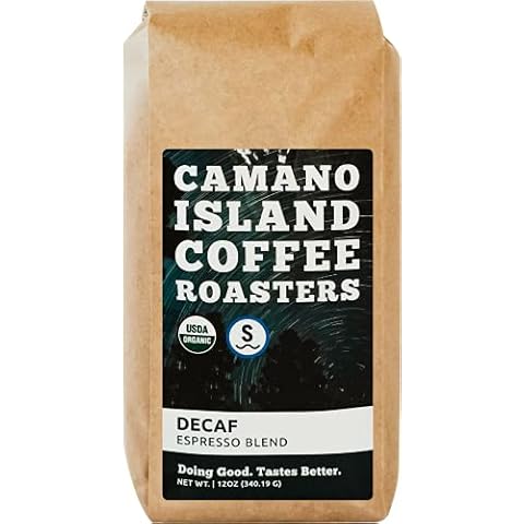 Camano Island Coffee Roasters Decaf Espresso Blend, Whole Bean 12oz, Fresh Dark Roast Swiss Water Processed, USDA Organic, Fairly Traded, Shade Grown Top 1% Arabica, Sweet Molasses, Mixed Berry Flavor Cover