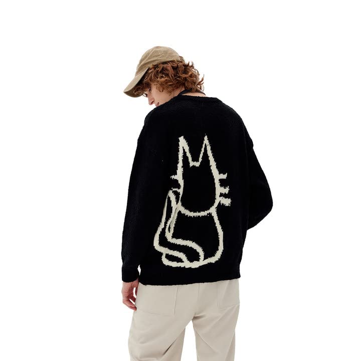 Aelfric Eden Women's Pullover Sweater Hand Drawn Cat Graphic Printed Oversized Sweater Fall Winter Fashion Couple Tops Black X-Large - image 4