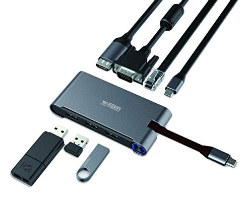 Urban Factory Hub Usb C Hdmi - Dock Station Portable Universelle Compatible Notebook Laptop Hub Usb 3.0 Type C et 3 Ports Usb 3.0 avec Sortie Hdmi 4K VGA et Usb C (Inclus 1 Port Lan Gb Ethernet)
