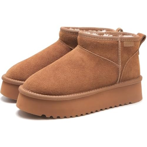 XIXITIAO Mini Boots,Cloud Genuine Suede Ankle Boots for Women,Platform Wool Snow Boots with Memory Foam,Classic Winter Boots for Women,Comfortable Tre