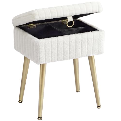 SONGMICS Rectanglular Vanity Stool Chair with Storage Dressing Table Stool Footrest Footstool Ottoman Metal Legs Adjustable Feet for Living Room Bedroom Makeup Room Cream White LOM505WZ03
