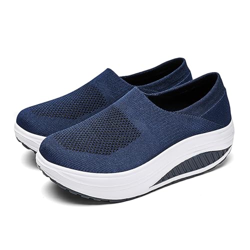 Image of Women's Knitted Platform Slip On Walking Sneakers,Comfort Lightweight Arch Support Non Slip Casual Mesh Breathable Workout Work Shoes